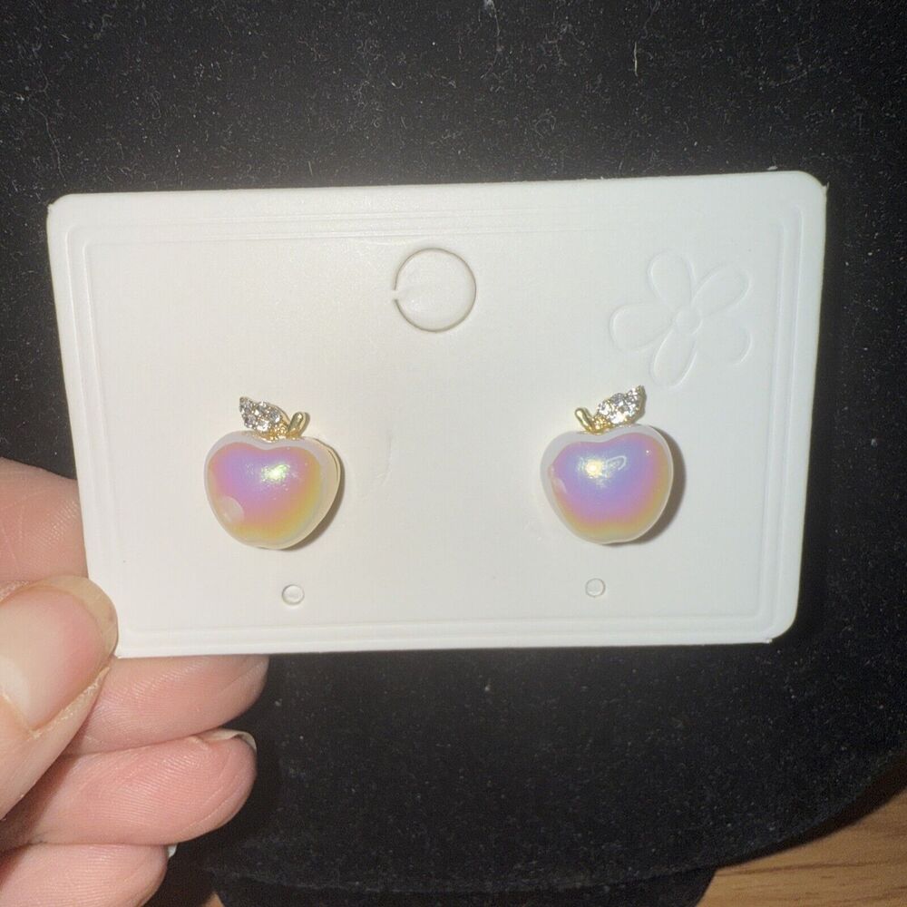 Pearlescent Apple Earrings With Rhinestone Accent